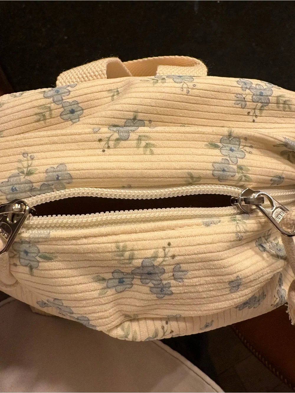 Floral Corduroy Backpack — Cream with Light Blue Flowers